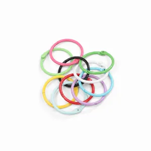 Detail shot of colorful metal loose leaf binder rings, candy color key rings for DIY crafts.