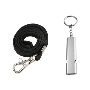 Metal emergency survival whistle with black woven lanyard, high frequency outdoor tool.