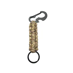 Outdoor multi-functional paracord keychain detail showing metal carabiner and woven cord.
