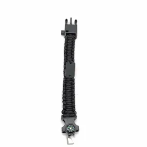 Black paracord survival bracelet detail showing length, width, and included fish hook.