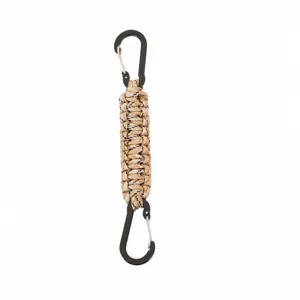 Outdoor paracord keychain with dual metal carabiners, durable woven lanyard, 18cm long.