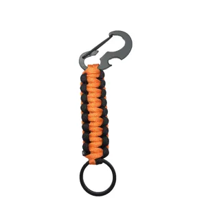 Black orange paracord keychain with carabiner bottle opener, durable outdoor tool detail.