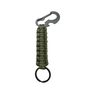 Outdoor paracord keychain with multi-functional bottle opener and black metal carabiner clip.