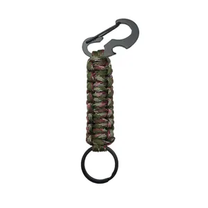 Paracord keychain with multi-functional bottle opener and carabiner clip detail view.