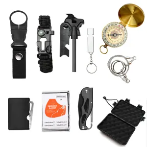 Nooduitrusting set met multitool, kompas en inklapbaar mes voor camping en outdoor.