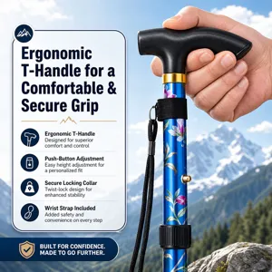 Ergonomischer Falt-Trekkingstock mit Blumenmuster, T-Griff und verstellbarer Höhe fürs Wandern.