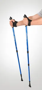 Detail view of adjustable aluminum trekking poles with comfortable wrist strap in blue.