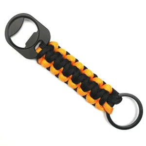 Durable outdoor paracord keychain with heavy duty metal bottle opener and key ring for hiking.