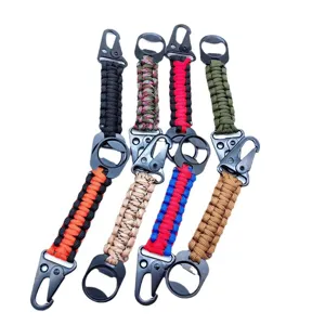 Outdoor paracord keychain with carabiner and bottle opener, multi-color braided lanyard.