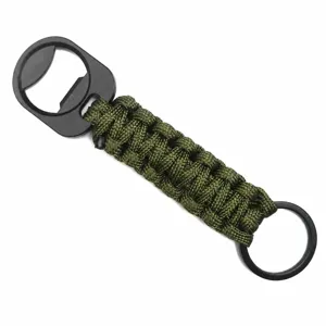 Outdoor survival paracord keychain with metal bottle opener and keyring in military green.