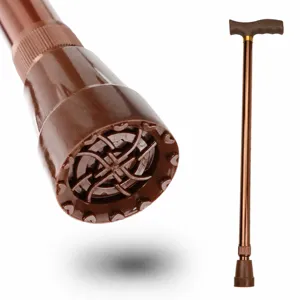 Baston de paseo marron ajustable con empuñadura en T y taco de goma antideslizante detalle.