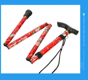 Detailansicht des leichten faltbaren Trekkingstocks für Senioren mit rotem Blumenmuster.
