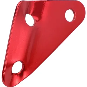 Red aluminum triangle guyline adjuster for outdoor camping tents and tarps securely.