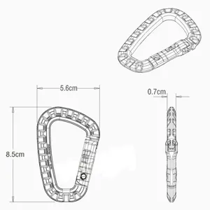 Detail view of the 8# D-shaped plastic carabiner, showing accurate dimensions and structure.