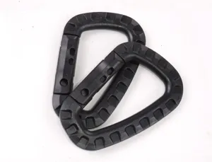 Black plastic D-ring carabiner tactical snap hook for outdoor camping and hiking gear details.