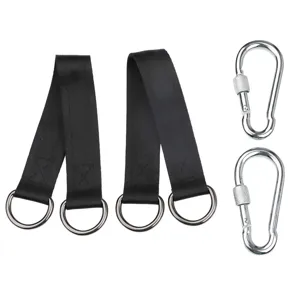 Detailed view of heavy duty swing hanging straps with D-rings and locking carabiners for setup.
