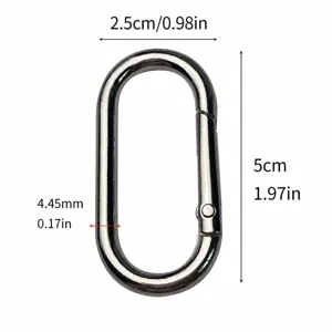 Zinc alloy oval carabiner detail, spring snap hook dimension view, hardware connecting ring.