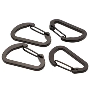 Detailed shot of black mini D-shape wire gate carabiners, durable aluminum alloy hooks.