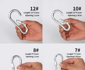 Outdoor Karabiner aus verzinktem Eisen mit Schraubverschluss, Detailansicht der Grössen.