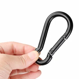 Black iron spring snap hook carabiner 5x50mm for outdoor sports, hiking and connection use.