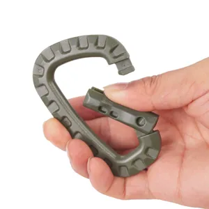 Tactical plastic D-ring carabiner for outdoor camping, durable military-style gear hook clip.