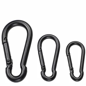 Heavy duty black iron carabiner spring hook snap clip set for outdoor sports and hanging use.