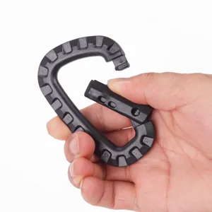 Black plastic D-shaped tactical carabiner hook for outdoor camping, hiking and gear hanging.