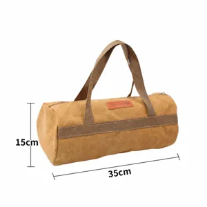 Borsa cilindrica cachi per picchetti da tenda in tela con manici resistenti.
