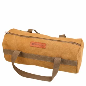 Borsa porta picchetti da tenda in tela, astuccio cilindrico per attrezzi con zip di chiusura.