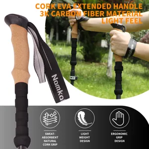 Carbon fiber trekking pole with cork extended handle, ultra-lightweight design for outdoor hiking.