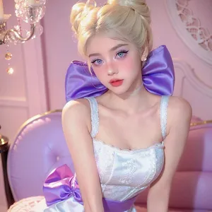 Detalle de un gran tocado con lazo de satén morado para un disfraz de cosplay