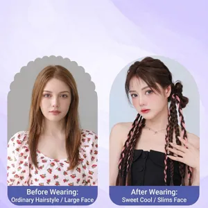 Lange braune geflochtene Haarverlängerungen mit rosa Strähnen im Sweet-Cool-Stil