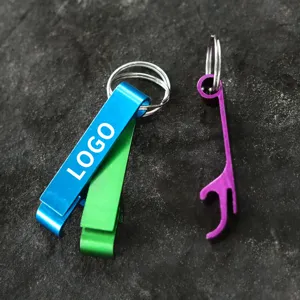 Portable metal bottle opener keychain in vibrant colors, ideal for outdoor use and custom laser.