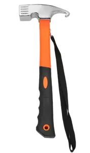 Multi-functional outdoor tent peg hammer with claw, anti-slip handle and carrying lanyard.