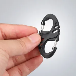 Mini S-shaped plastic carabiner backpack connector double wire spring hook black