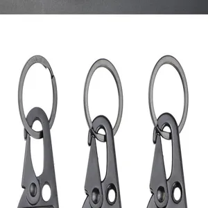 Black tactical carabiner keychain set close-up detail, durable metal snap hook for outdoor backpacks.