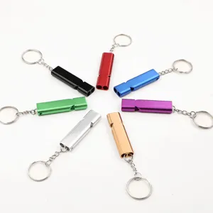 Outdoor survival metal double-hole whistle with keychain, portable aluminum alloy whistle.