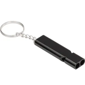 Black metal double hole survival whistle with keychain keyring for outdoor camping gear.