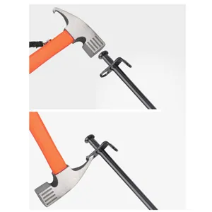 Outdoor multi-functional camping tent hammer and stake puller with bright orange handle.