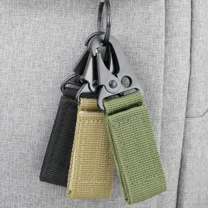 Tactical webbing keychain set with metal eagle beak clips for outdoor backpacks and gear.