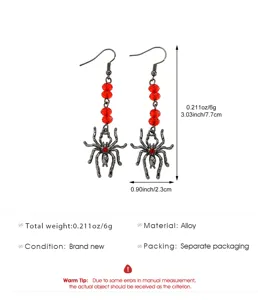 Detailed specifications and dimensions of punk dark style spider drop earrings.
