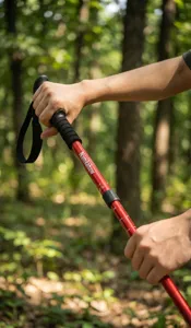 Dettaglio di un bastoncino da trekking regolabile nel bosco, con impugnatura e asta rossa.