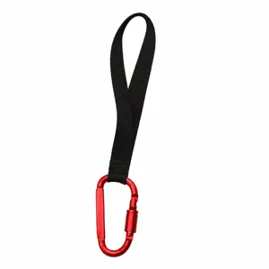 Moschettone robusto per moto e scooter con fettuccia in nylon nero per sospensione universale.