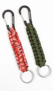 Close-up detail of outdoor paracord keychain with sturdy metal carabiner and ring.