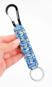 Outdoor DIY paracord braided keychain with black metal carabiner and ring detail.