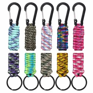 Outdoor DIY paracord braided keychain with metal carabiner and ring, multi-color.