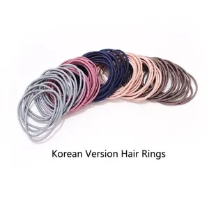 Detail view of high-quality seamless thin elastic hair ties in various muted colors.