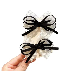 Eleganti fermagli per capelli in stile coreano con pizzo bianco e fiocco nero per bambine, set da due