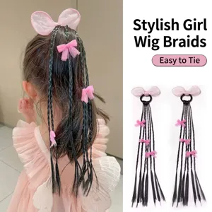 Extensions de Tresse de Perruque avec Nœud pour Enfants Élastiques à Cheveux Filles Style Doux et Cool Accessoires de Cheveux Tressés Synthétiques