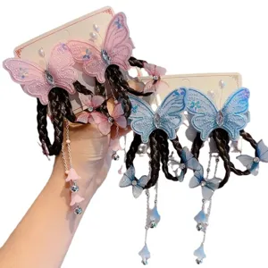Barrettes papillon style chinois traditionnel avec tresses synthétiques et pompons de fleurs
